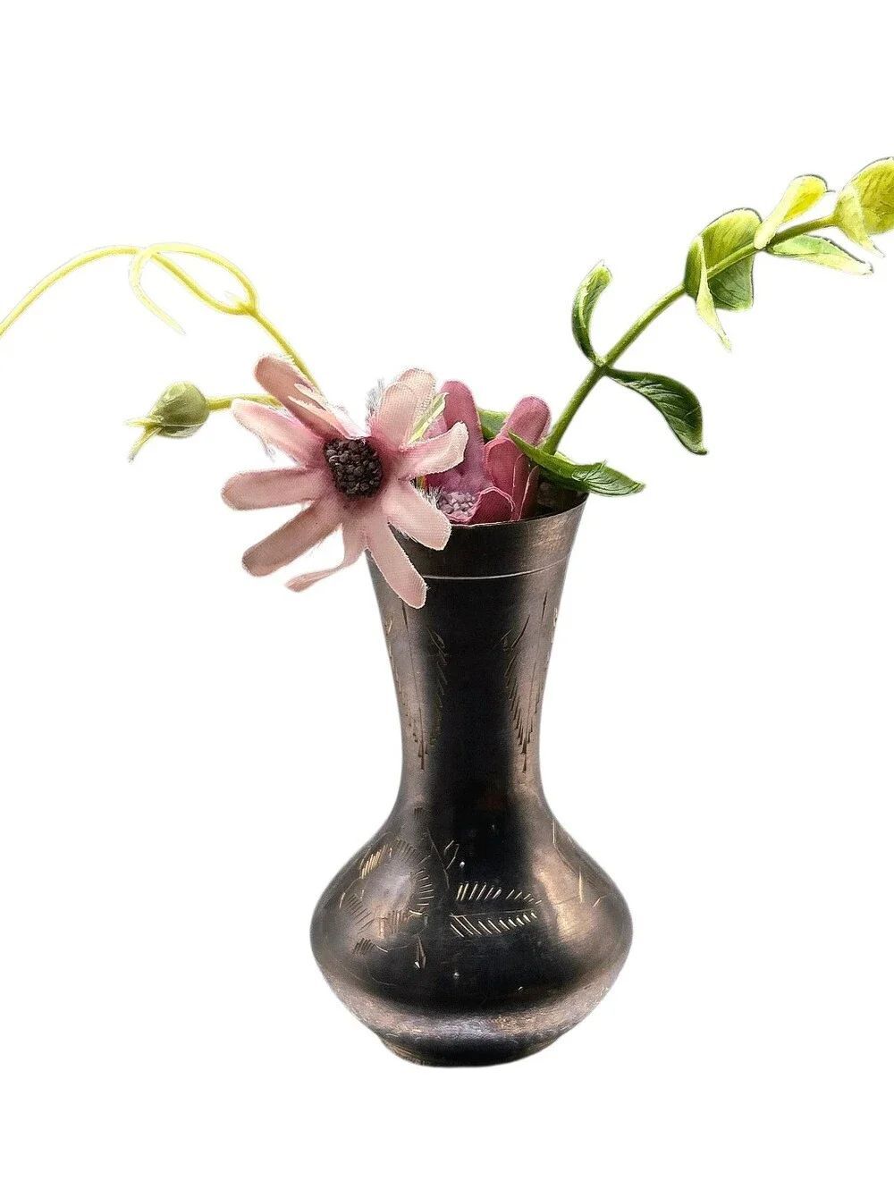 "5/$40"โVtg Etched Brass Mini Vase W/Floral & Greenery